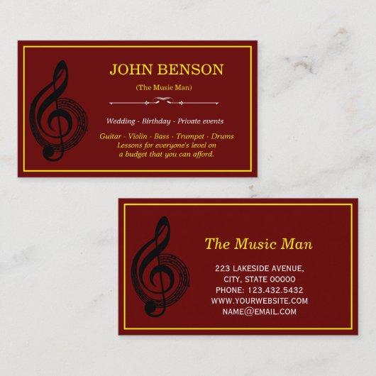 クラシック音楽先生ホワイトトレブルクレフ、 音符記号とノート 名刺 (正面/裏面)