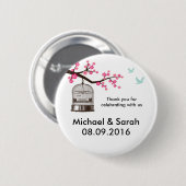 クラシック鳥かごとピンクの花ありがとうボタン 缶バッジ (正面&裏面)