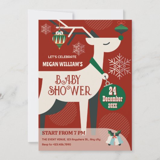 クラシック鹿のクリスマスデコのベビーシャワー 招待状 (正面)