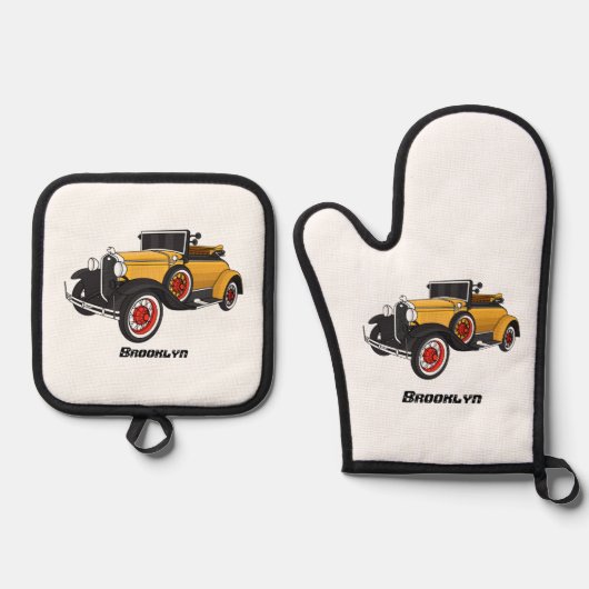 クラシック黄色の車1931 鍋つかみ&鍋敷きセット (正面)