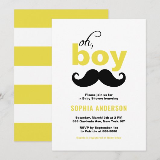 クラシック黄色It's a Boy Mustache Baby Shower 招待状 (正面/裏面)