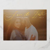 クラシック黒い写真の結婚金ゴールド保存日 箔招待状 (正面)