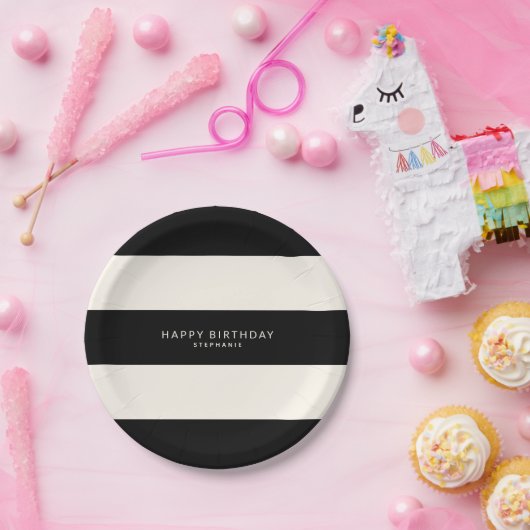 クラシック黒と卵殻ホワイトのストライプ誕生日 ペーパープレート (パーティー)
