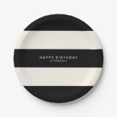 クラシック黒と卵殻ホワイトのストライプ誕生日 ペーパープレート (正面)
