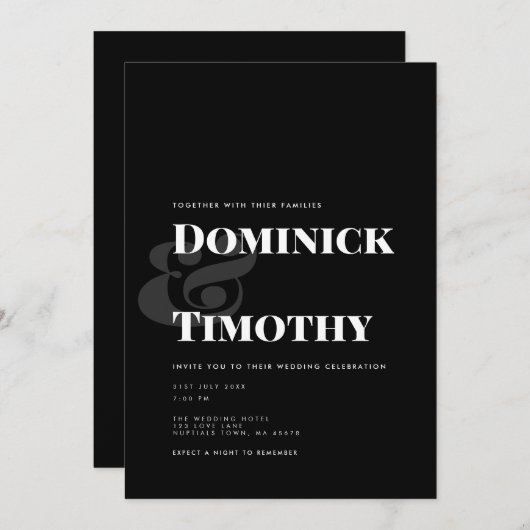 クラシック黒と白のはっきりしたタイポグラフィ結婚 招待状 (正面/裏面)