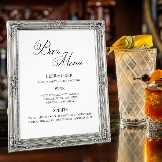 クラシック黒と白のバーメニュー8 x 10インチプリント フォトプリント           