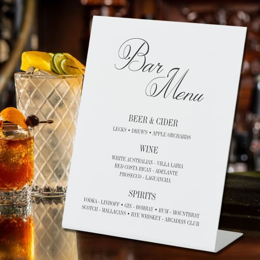 クラシック黒と白のバーメニュー8 x 10インチ 台座サイン