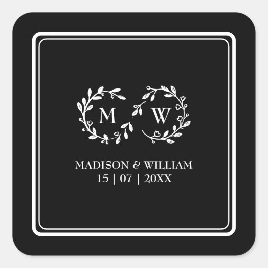 クラシック黒と白モダン結婚の スクエアシール (正面)