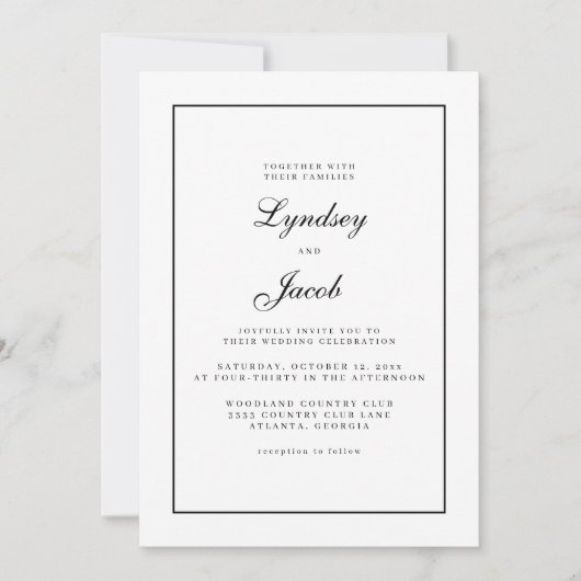 クラシック黒と白縁どのエレガントウェディング 招待状 (正面)