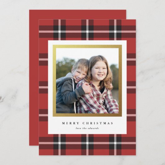 クラシック黒と赤の休日の格子模様の写真カード シーズンカード (正面/裏面)