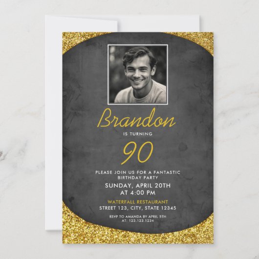 クラシック黒と金ゴールドのヴィンテージ写真90誕生日 招待状 (正面)