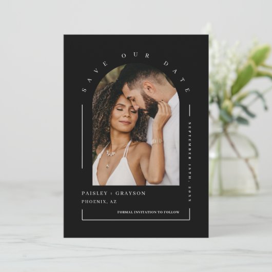 クラシック黒アーチ写真QRコード救日Inv 招待状 (スタンド正面)