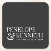 クラシック黒エレガントシンプルのカスタム結婚式名 スクエアペーパーコースター (正面)