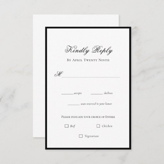 クラシック黒エレガント白ウェディングRSVPカード 出欠カード (正面/裏面)
