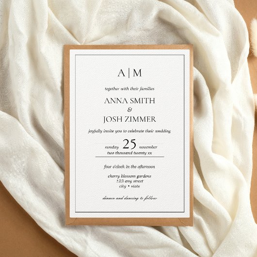 クラシック黒エレガント白ミニマリストモノグラム 招待状