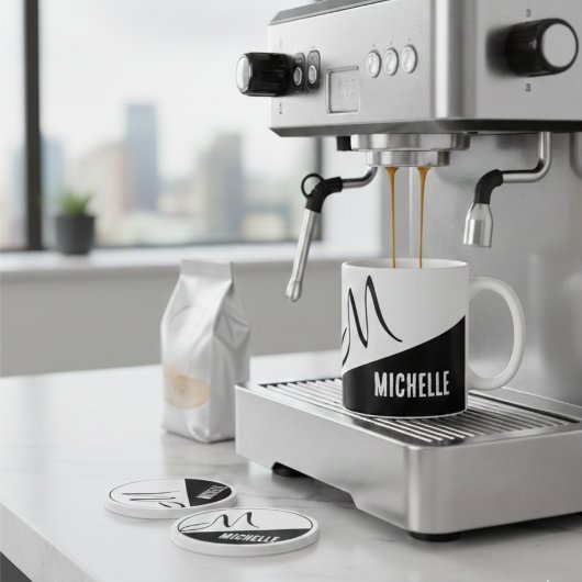 クラシック黒モノグラムの色と白色のブロック ツートーンマグカップ