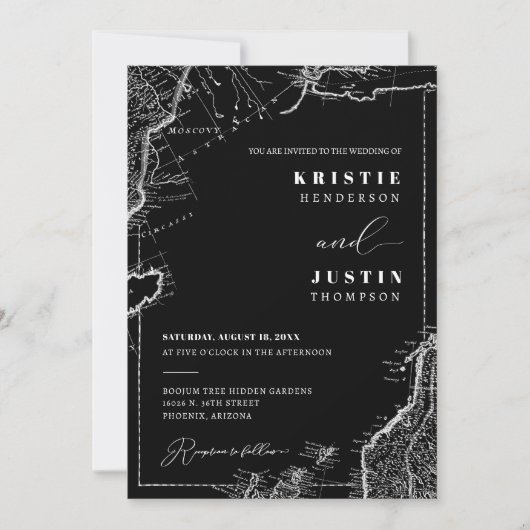 クラシック黒レトロ旅行QRコードフォト結婚ズ 招待状 (正面)