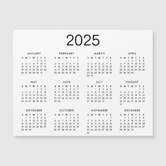 クラシック黒白2025年カレンダー磁石 (正面)
