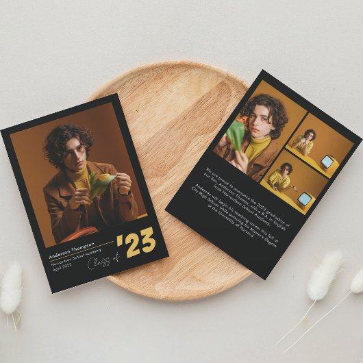 クラシック黒金ゴールドスクリプトフォトコラージュ卒業 案内状