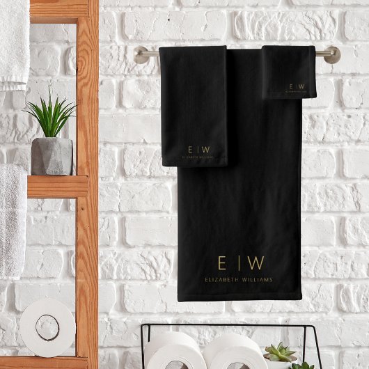 クラシック黒金ゴールドミニマリストモノグラム名 バスタオルセット