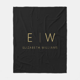 クラシック黒金ゴールドミニマリストモノグラム名 フリースブランケット