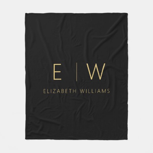クラシック黒金ゴールドミニマリストモノグラム名 フリースブランケット (正面)