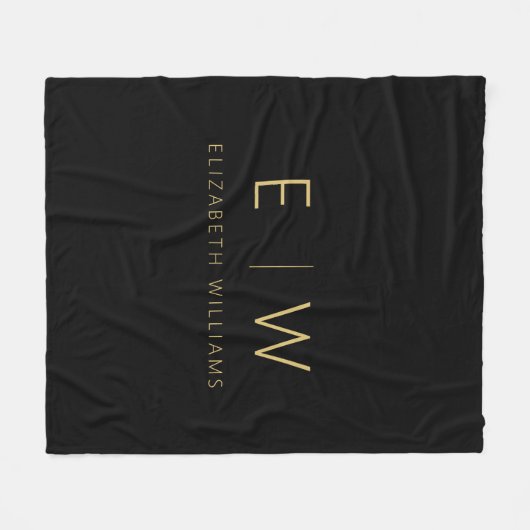クラシック黒金ゴールドミニマリストモノグラム名 フリースブランケット (正面(横))