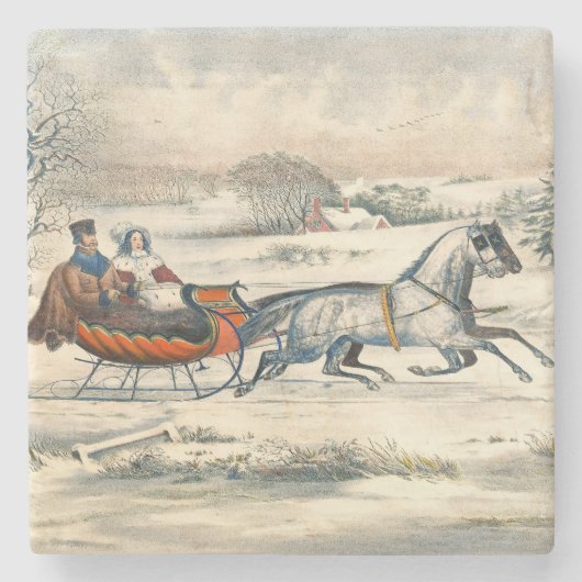 クラシック1853年 クリスマスの雪の道 カーアー&アイヴス 冬の風景 ストーンコースター (正面)