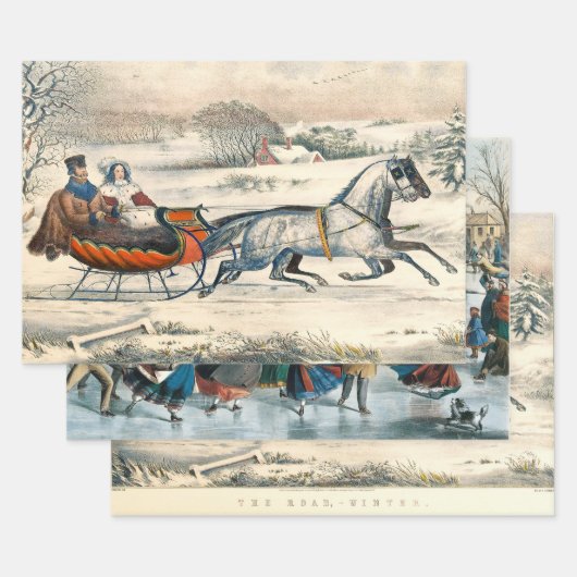 クラシック1853年 クリスマスの雪の道 カーアー＆アイヴス 冬の風景 ラッピングペーパーシート (セット)