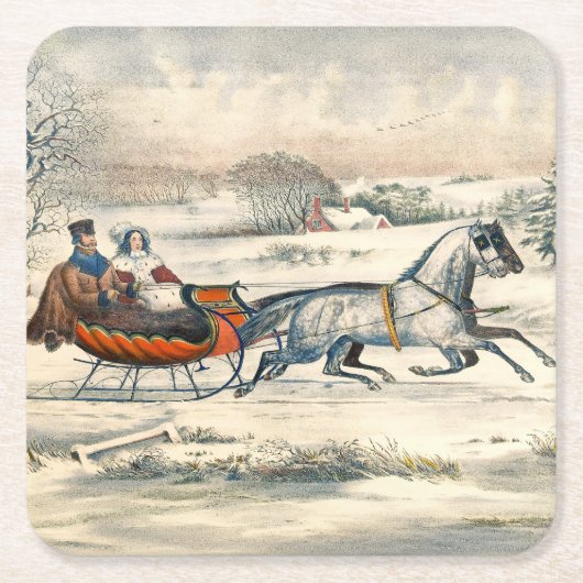 クラシック1853年 雪の中の馬車 クリスマス カーアンドアイヴス スクエアペーパーコースター (正面)