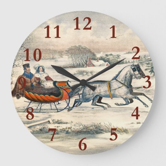 クラシック1853年 雪の中の馬車 クリスマス カーアンドアイヴス ラージ壁時計 (正面)