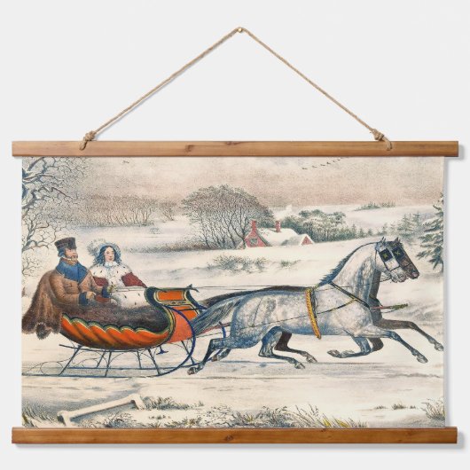 クラシック1853年 雪の中の馬車 クリスマス カーアンドアイヴス 吊り下げ型タペストリー (正面)