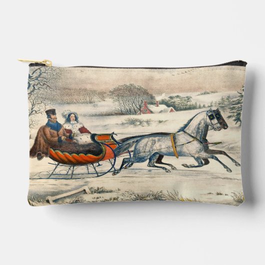 クラシック1853年 雪の中の馬車 Currier Ives ロード ウィンター アクセサリーポーチ (正面)