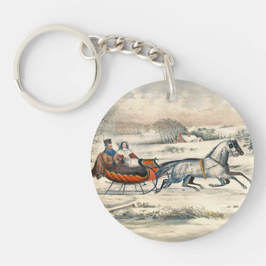 クラシック1853年 雪の中の馬車 Currier Ives ロード ウィンター キーホルダー (正面)
