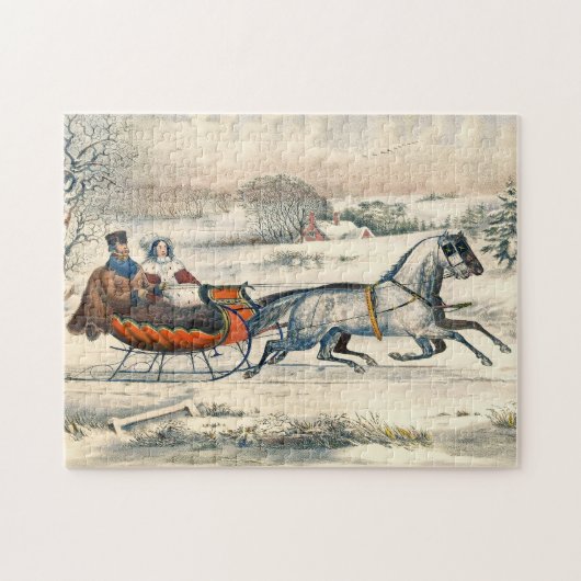 クラシック1853年 雪の中の馬車 Currier Ives ロード ウィンター ジグソーパズル (横)