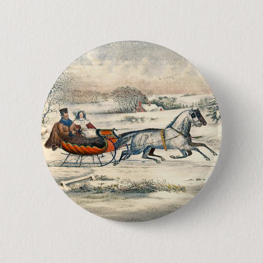 クラシック1853年 雪の中の馬車 Currier Ives ロード ウィンター 缶バッジ (正面)