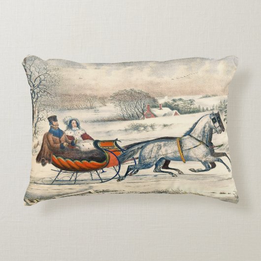 クラシック1853年 雪の中の馬車 Currier & Ives 冬の風景 アクセントクッション (正面)