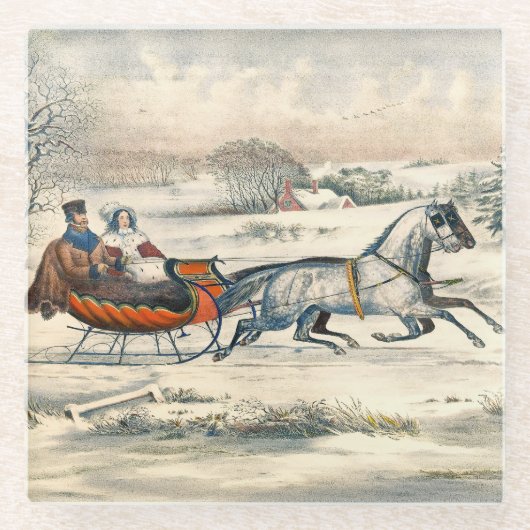 クラシック1853年 雪の中の馬車 Currier & Ives 冬の風景 ガラスコースター (正面)