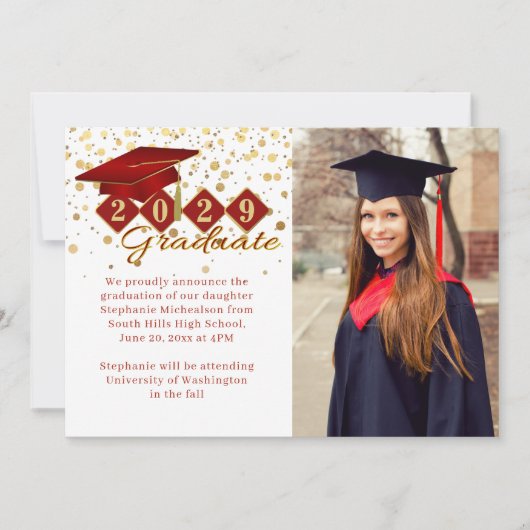 クラシック2 フォト 卒業式 赤と金 案内状 (正面)