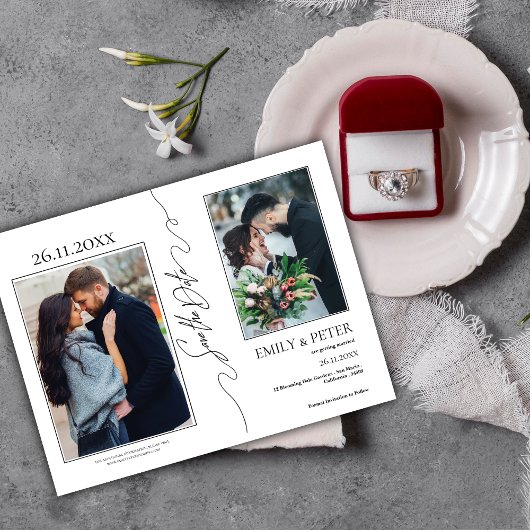 クラシック3エレガント写真結婚式の日付を保存 案内ポストカード