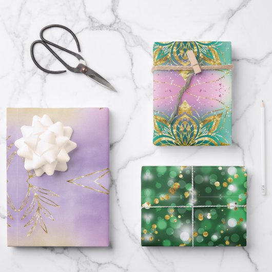 クラシック3カラーホリデースノーフレークスクリスマスクラップ ラッピングペーパーシート (正面)