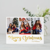 クラシック3シンプル枚の写真メリークリスマス金ゴールド 箔シーズンカード (立ち正面)