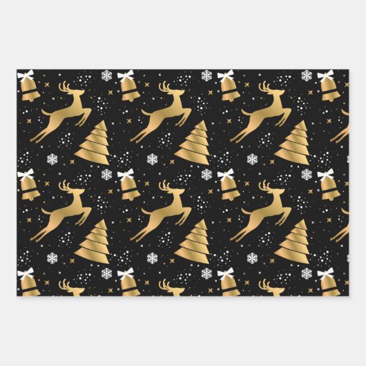 クラシック3色金ゴールドクリスマストナカイ模様 ラッピングペーパーシート (正面3)