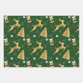 クラシック3色金ゴールドクリスマストナカイ模様 ラッピングペーパーシート (正面)