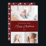 クラシック3 Photo Snowflakes in Burgundy christmas シーズンカード<br><div class="desc">編集可能なシンプルあいさつエレガントと色を使用してレイアウト。バックアーパターンはオプション。</div>