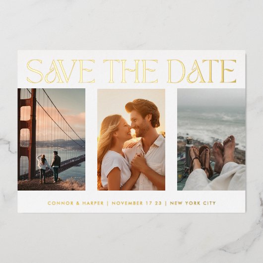 クラシック4枚の写真数々の日付金ゴールドを保存 箔招待状 (正面)