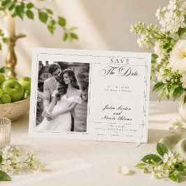 クラシック アイボリー カリグラフィー 写真付き 結婚式日程事前通知カード ポストカード