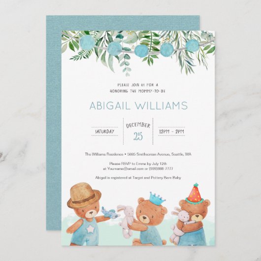クラシック ウォーターカラー テディベア ベビーシャワー 招待状 (正面/裏面)