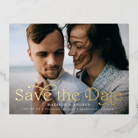クラシック エレガンス 横長 写真付き Save the Date 箔招待状ポストカード (正面)