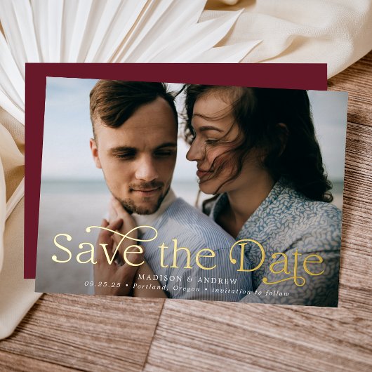 クラシック エレガンス 横長 写真付き Save the Date 箔招待状